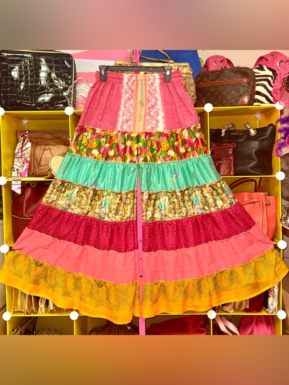 Indian Vintage Sari Silk 7 Tiered Boho Wide Leg Pants - Free Size #1
